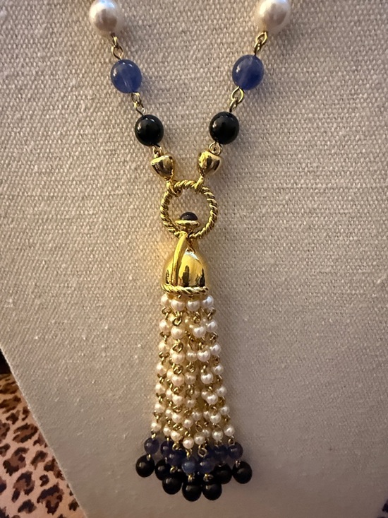 Monet Rare Long Tassel GoldTone Necklace w/Black & Blue Beads plus  Faux Pearls. - Picture 2 of 6
